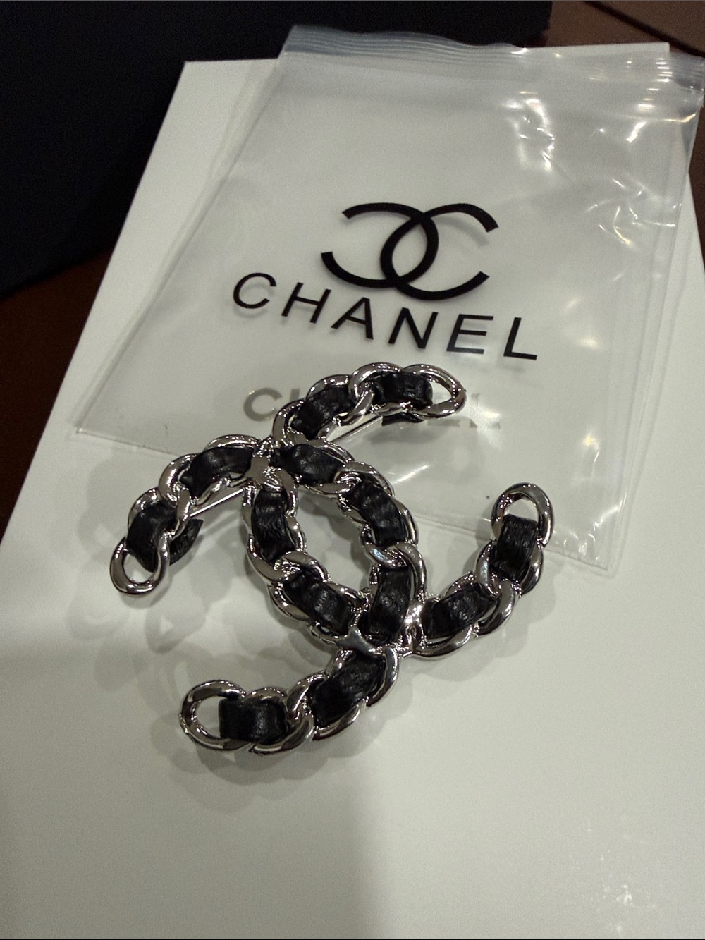 Upcycled CC Silver & Black Interwoven Chain CC Brooch